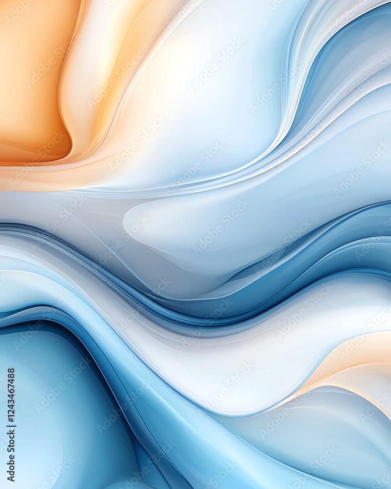 Poster a stunning abstract composition showcasing flowing waves of soft blue and orange hues, creating a se