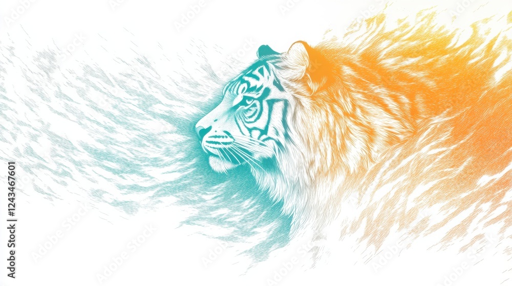 Poster Artistic representation of a tiger in soft pencil strokes transitioning from amber to turquoise