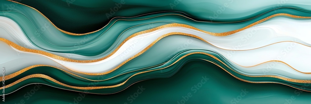 Poster a stunning abstract design featuring flowing waves of teal, white, and gold, creating an elegant and