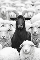 Goat leading sheep in monochrome field