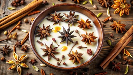 Fototapeta premium A shallow dish filled with milk-soaked vanilla flower buds, surrounded by an assortment of warm spices and aromatic ingredients like star anise and cloves, spice blends, gourmet ingredients