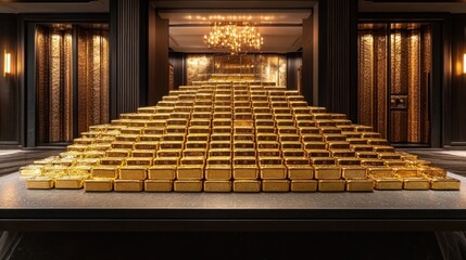 Gold bullion pyramid in luxury hotel lobby