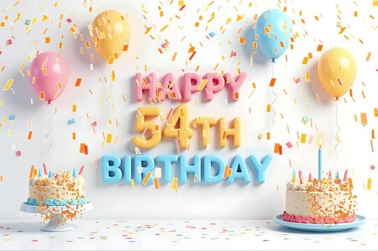 Animated 3D Happy 54th Birthday background video in pastel theme with floating balloons, lit candles, fireworks, and confetti shower