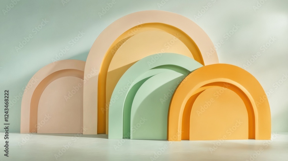 Poster soft pastel arcs in amber and mint create a harmonious and calming display in a modern interior sett
