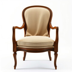 vintage wooden chair with beige cloth isolated over white,  rustic charm,  classic furniture,  timeless design,  vintage aesthetic,  classic design