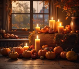 Obraz premium Warm and cozy autumnal scene with pumpkins and candles, candles, harvest