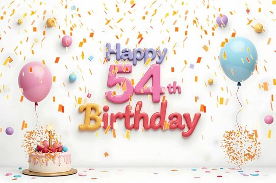 Animated 3D Happy 54th Birthday background video in pastel theme with floating balloons, lit candles, fireworks, and confetti shower