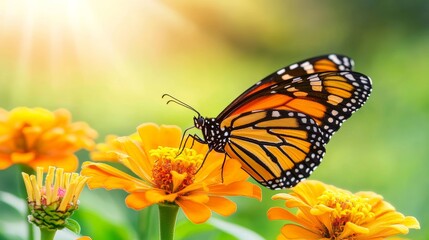 Obraz premium Monarch Butterfly on Orange Zinnia Flower in Sunlight