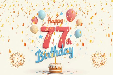 Animated 3D Happy 77th Birthday background video in pastel theme with floating balloons, lit candles, fireworks, and confetti shower