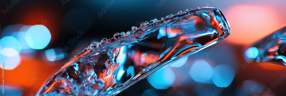 Poster Curved Transparent Object with Water Droplets and Bokeh Lighting