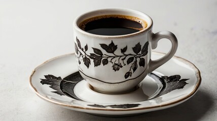 Dark Coffee in Vintage Cup and Saucer on White Background