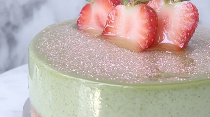 Fototapeta premium A luscious green cake topped with fresh strawberries and a glossy glaze, showcasing a delightful dessert perfect for any occasion.
