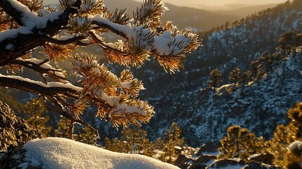 Snowy mountain sunrise; pine branch; winter landscape; nature background; postcard