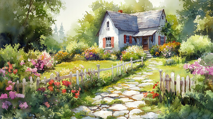 A charming cottage surrounded by a flourishing garden, featuring a stone pathway and a white picket fence in a picturesque landscape. watercolor postcard