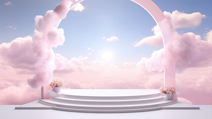 Dreamlike Pink Cloudscape with Pastel Arch and Podium