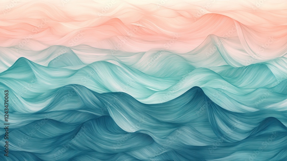 Poster gradient of minimalist pencil strokes depicting serene waves at sunrise with calming colors blending