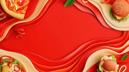 Vibrant Food Background: Pizza, Burgers, and Swirling Red