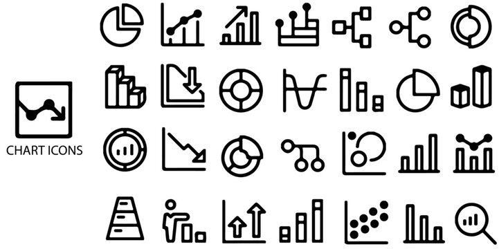 Chart simple concept 28 icons set. Contains such market analysis, graphs, charts, growth, development, productivity, business .Vector illustration.