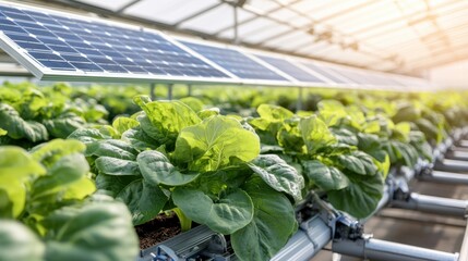 Greenhouse Farming with Solar Panels for Organic Food. Greenhouse with solar panels and vibrant leafy plants under sunlight.