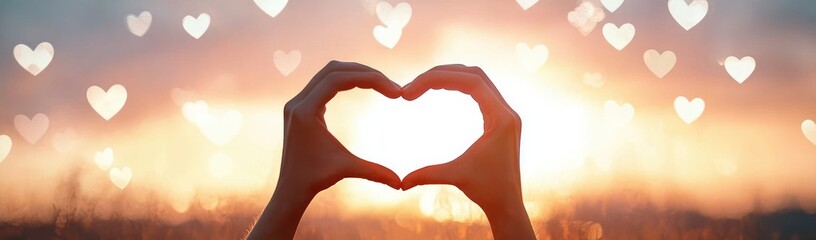 Heart Shaped Hands Silhouette against Pastel Sunset with Blurred Floating Hearts