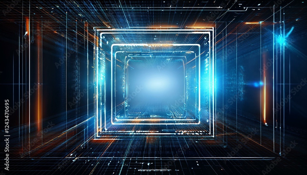 Poster abstract digital tunnel with glowing neon squares and lines. futuristic and technological background