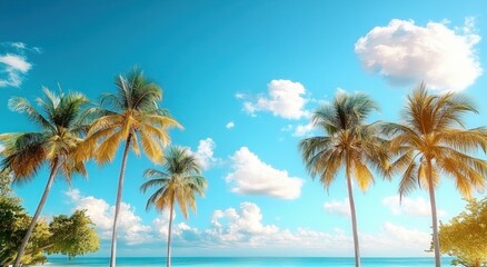 Tropical Beach with Palm Trees under Blue Sky and White Clouds Relaxing Vacation Destination