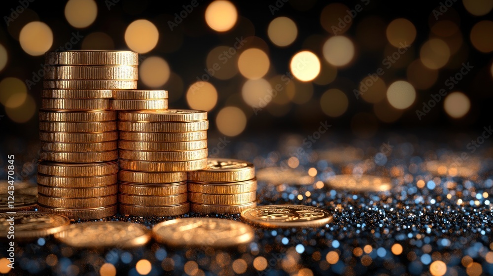 Poster Gold coins stacked in steps on a dark glittery surface with bokeh background.  Possible use financial concept