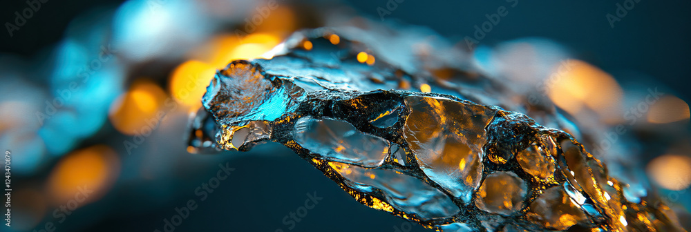 Aufkleber close-up of translucent fragmented object with teal and amber lighting