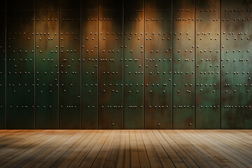 Rustic interior design with weathered metal wall and wooden floor illuminated by warm spotlights, a stylish and industrial backdrop for product displays, interior design concepts.