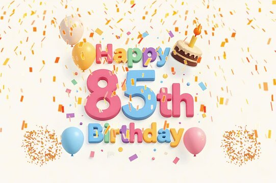 Animated 3D Happy 85th Birthday background video in pastel theme with floating balloons, lit candles, fireworks, and confetti shower