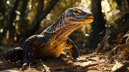 Obraz premium Bengal Monitor Blending into Sun-Dappled Clearing – Camouflaged Reptile in Natural Habitat