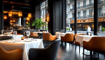 A stylish restaurant interior featuring elegant furniture and large windows, creating a warm atmosphere for dining. Ideal for showcasing culinary experiences and modern design.