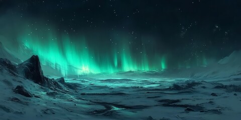 Naklejka premium Alien Landscape Underneath a Vivid Aurora Borealis