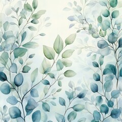 Fototapeta premium Eucalyptus Leaves Watercolor Painting Soft Greens and Blues Overlapping Leaves Serene Calming Atmosphere