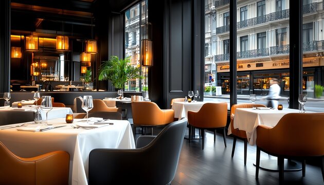 A stylish restaurant interior featuring elegant furniture and large windows, creating a warm atmosphere for dining. Ideal for showcasing culinary experiences and modern design.
