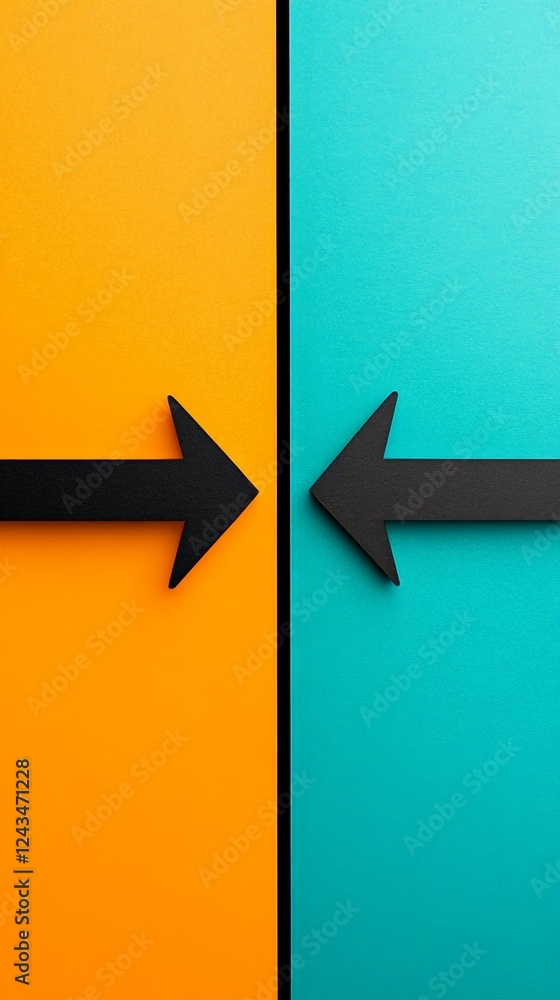 Poster two black arrows pointing in opposite directions on an orange and teal background represent difficul