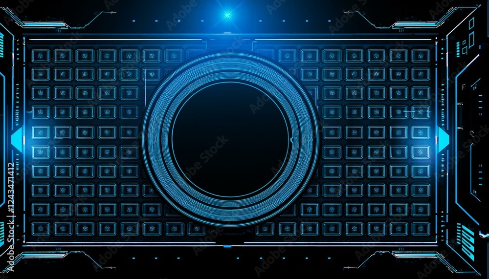 Poster futuristic technology interface with a central circular element and glowing blue accents. the design