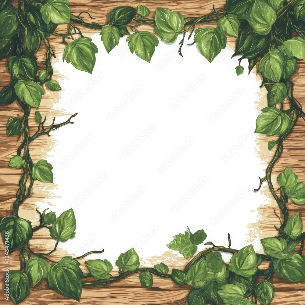 Poster rustic wood grain background with green ivy leaves framing a blank space for creative projects and d