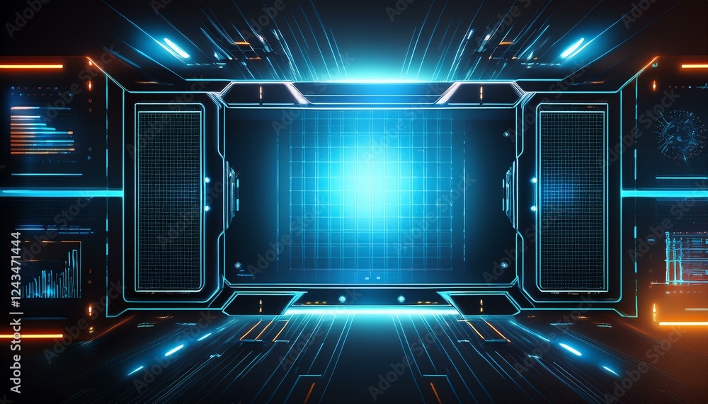 Aufkleber futuristic blue and orange glowing digital interface with glowing lines and digital data streams flo