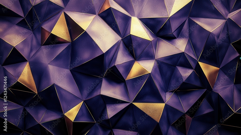 Poster geometric pattern showcasing low-poly design with deep shades and metallic accents creating a visual