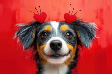 close-up portrait of a dog with heart-shaped antennas in whimsical cartoon style for Valentine's Day
