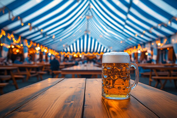A large beer hall tent with blue and white stripes and a mug of beer on a wooden table, Oktoberfest tent