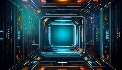 Obraz premium futuristic technology tunnel with glowing blue and orange lights. The tunnel is composed of complex geometric shapes and illuminated panels.