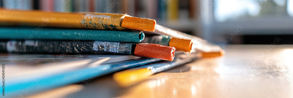 Poster stack of notebooks and books on table
