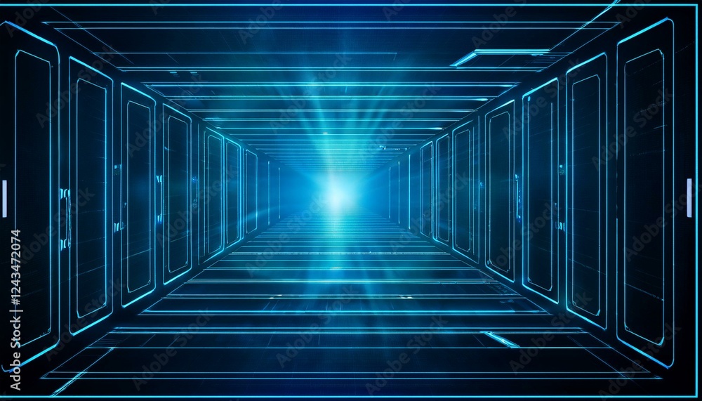 Poster abstract digital corridor with glowing blue lights and geometric patterns. it creates a sense of dep