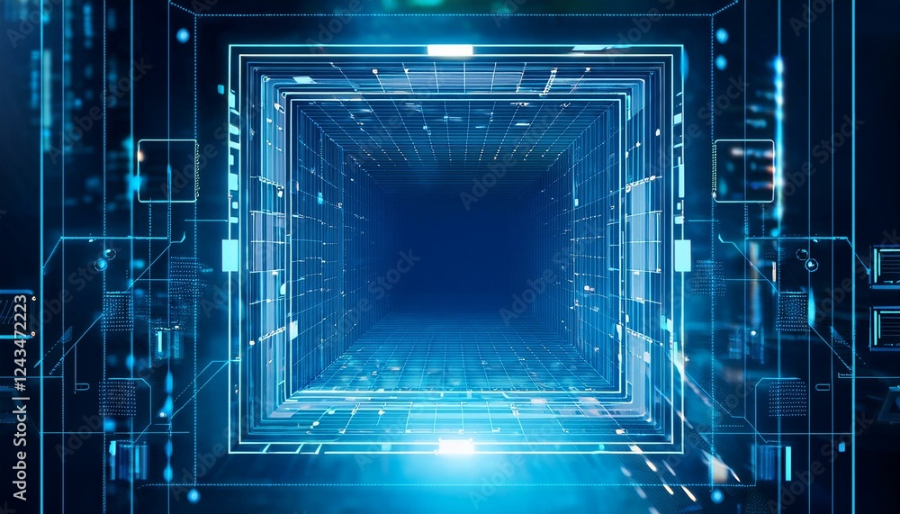 Poster digital tunnel, glowing blue lines forming a futuristic cube shape. abstract digital art, perfect fo