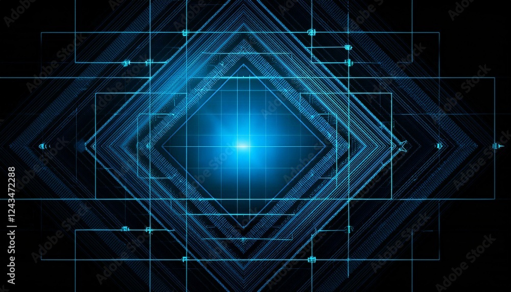 Poster abstract geometric pattern with a vibrant blue light in the center. the shapes create a sense of dep
