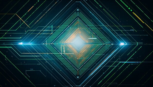 Abstract digital art depicting a glowing green and blue diamond shape at the center, surrounded by intricate circuit lines.  The background is dark, creating a futuristic and technological feel. 