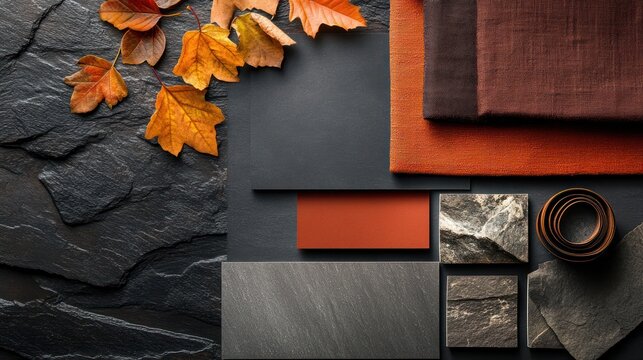 Autumnal color palette samples displayed on dark stone and fabric textures, featuring fall leaves.