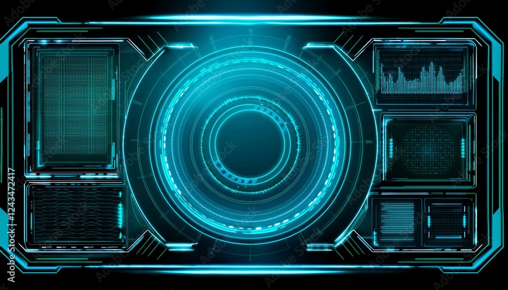 Poster futuristic hud interface with glowing blue circles and various data displays. the design is sleek an